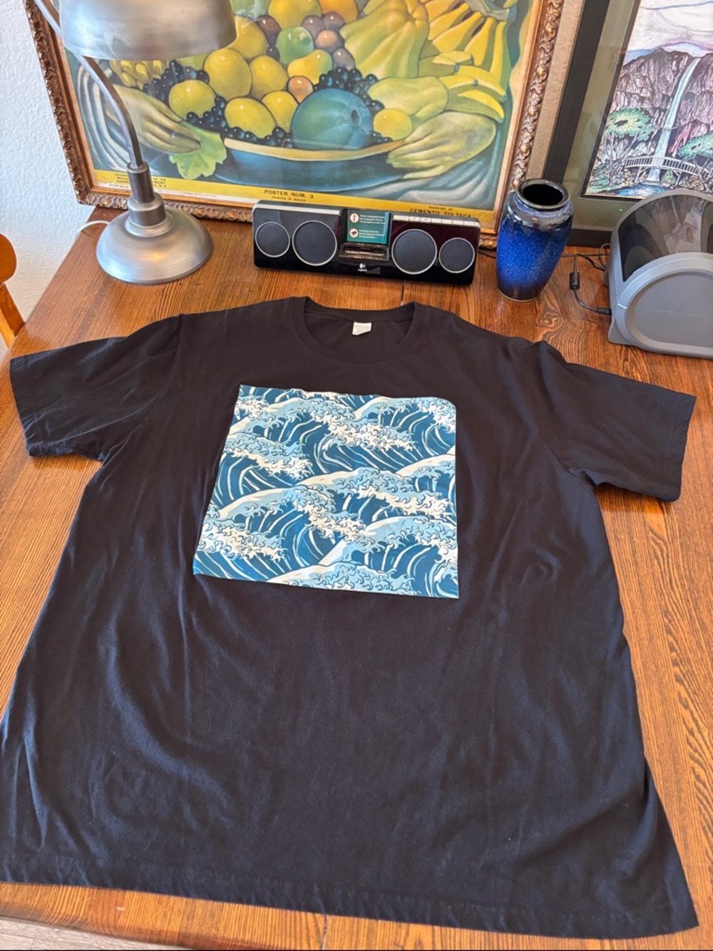 Men's Black Short-Sleeve Tee with Blue Wave Graphic